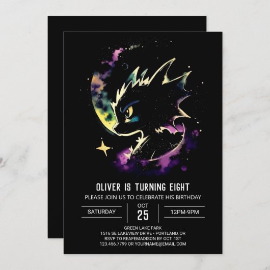 ファイアお洒落ブリージングドラゴン誕生日 招待状 (正面/裏面)