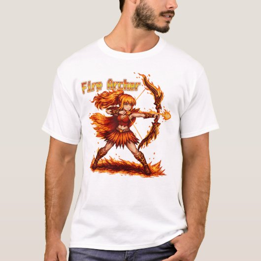 ファイアアーチャーピクセルアートRPGファンタジー炎の戦士 Tシャツ (正面)