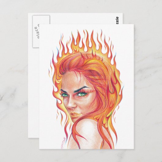 ファイアウーマンシュールファンタジーポートレートスケッチアート ポストカード (正面/裏面)