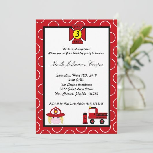 ファイアウーマンファイアトラック誕生日パーティーへの招待 招待状 (スタンド正面)