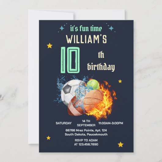 ファイアゲームブルーキッズボーイズスポーツ10誕生日 招待状 (正面)