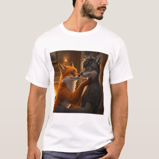 ファイアサイドの優しさ:キツネとオオカミの抱擁 Tシャツ