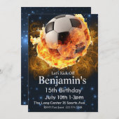 ファイアサッカー誕生日、サッカー誕生日、フットボール 招待状 (正面/裏面)