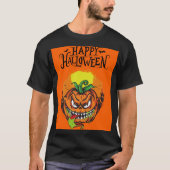 ファイアパンプキン顔はっきりしたハロウィーンデザイン Tシャツ (正面)