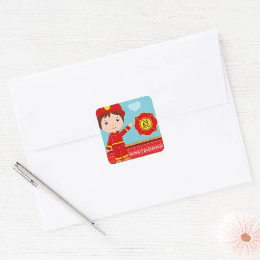 ファイアファイターをテーマにしたバースデーパーティーゲストのお願い スクエアシール (封筒)