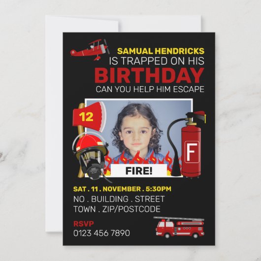 ファイアファイターをテーマにした脱出ルーム、バースデーパーティー 招待状 (正面)