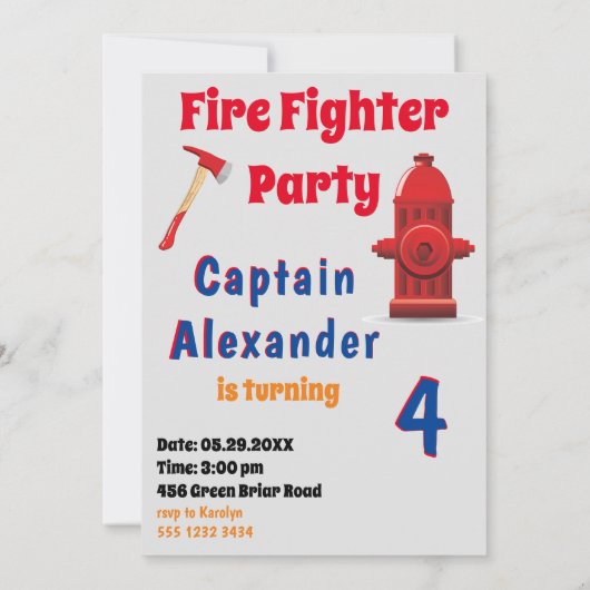 ファイアファイターキッズ写真テンプレート誕生日 招待状 (裏面)