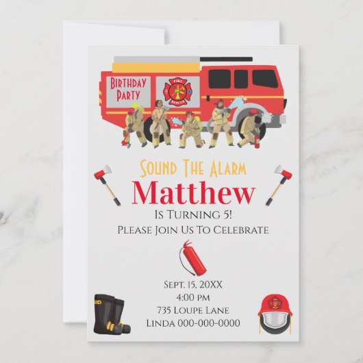 ファイアファイターチャイルドバースデーパーティーテーマデザイン 招待状 (正面)