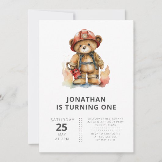ファイアファイターテディベアモダン子供の誕生日 招待状 (正面)