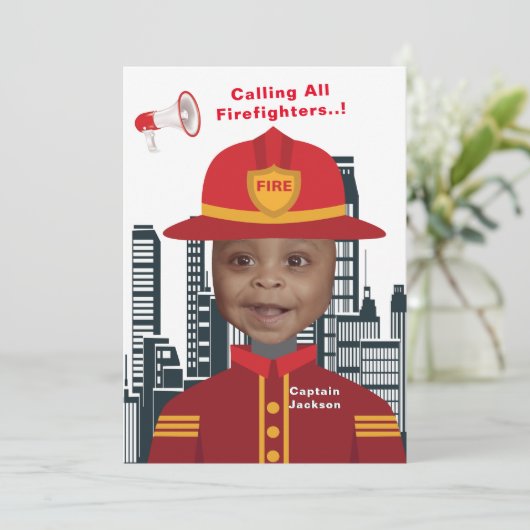 ファイアファイターボーイズ写真テンプレート誕生日 招待状 (スタンド正面)