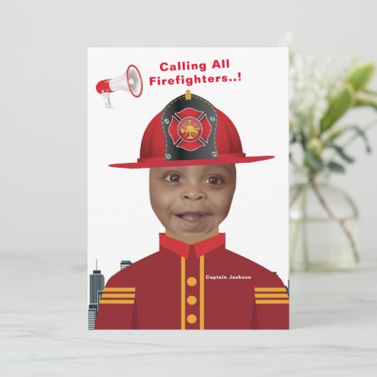 ファイアファイターボーイズ顔インホールフォト誕生日 招待状 (スタンド正面)