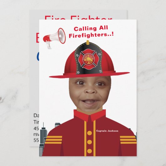 ファイアファイターボーイズ顔インホールフォト誕生日 招待状 (正面/裏面)