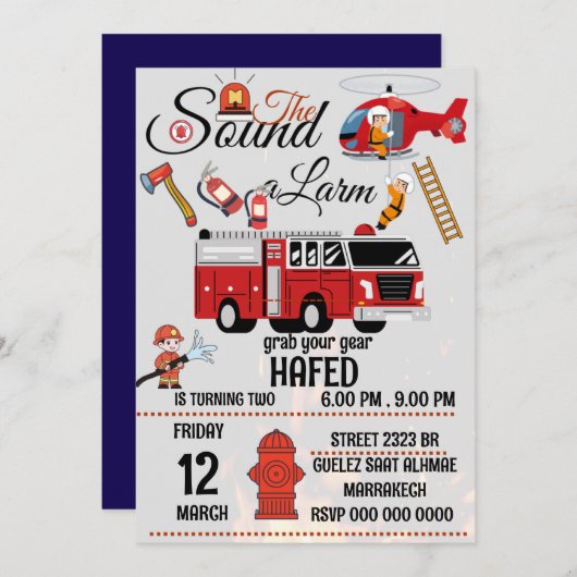 ファイアファイター誕生日パーティーの招待テンプレート 招待状 (正面/裏面)