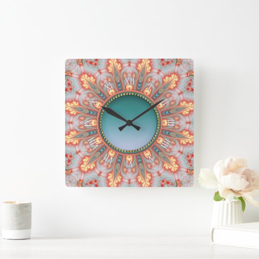 ファイアフラク太陽のタルオレンジティール(緑がかった色)ウォールクロック スクエア壁時計 (ホーム)