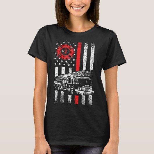 ファイアマンアメリカ国旗の薄い赤い線グラフィックスFiref Tシャツ (正面)