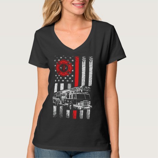 ファイアマンアメリカ国旗の薄い赤い線グラフィックスFiref Tシャツ (正面)