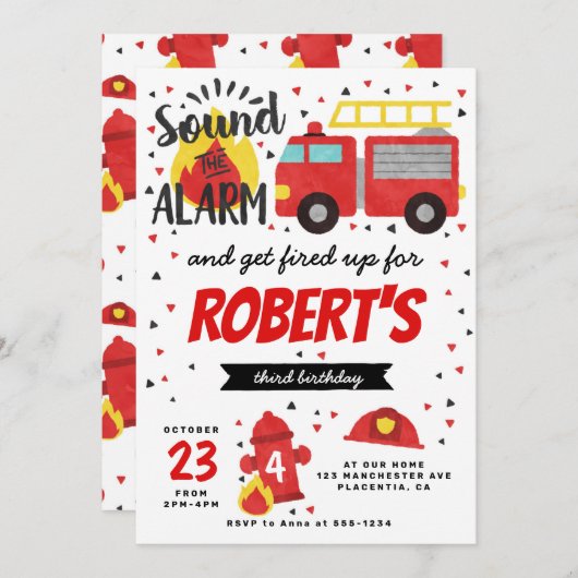 ファイアマン誕生日パーティーへの招待 招待状 (正面/裏面)