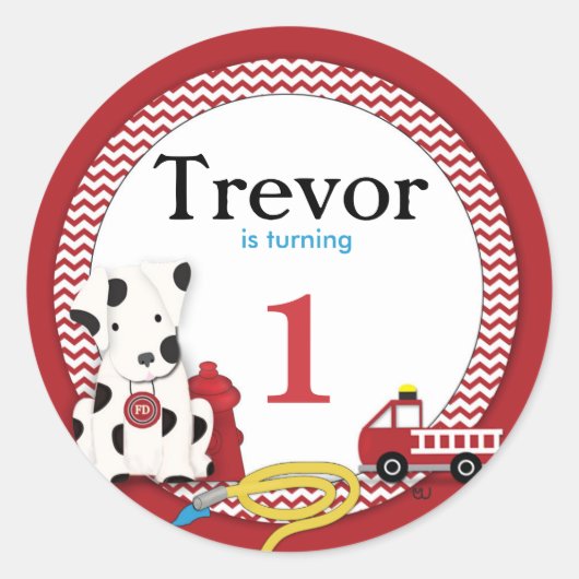 ファイアマン誕生日パーティーステッカー ラウンドシール (正面)