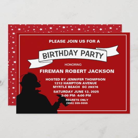 ファイアマン/ファイアチーフ誕生日パーティーへの招待 招待状 (正面/裏面)