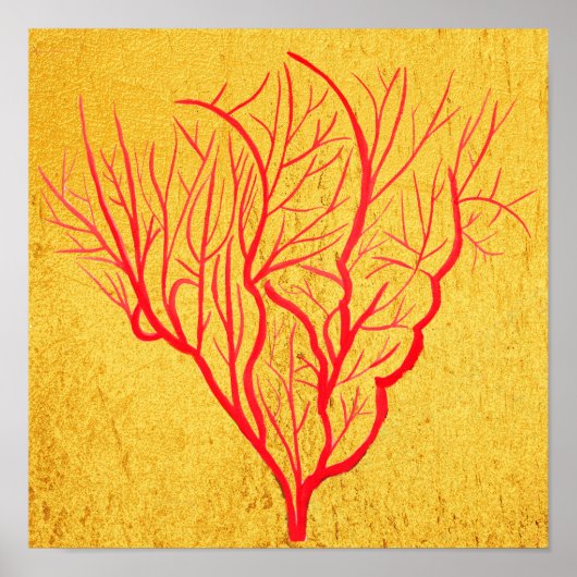 ファイアーコーラルモダンオン金ゴールドコンテンポラリーアート ポスター (正面)