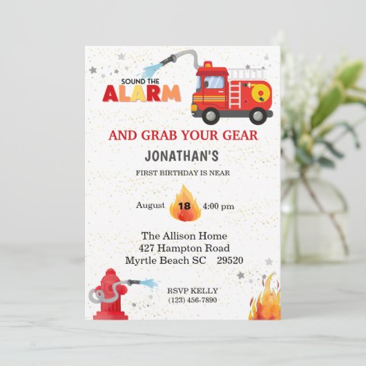 ファイアートラックの最初の誕生日パーティーの招待状 招待状 (スタンド正面)