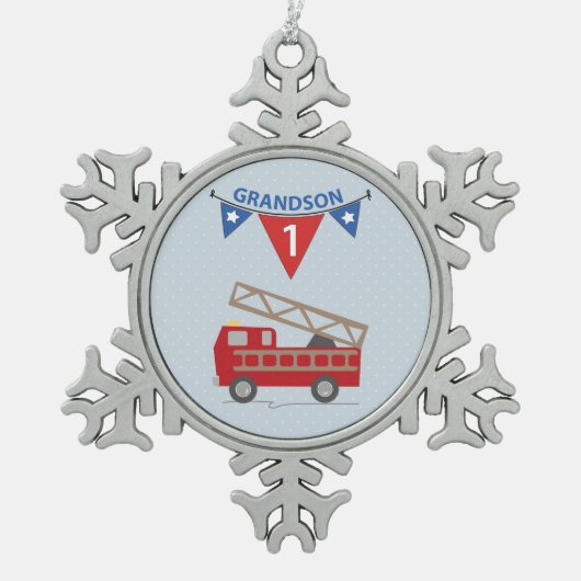 ファイアートラックの誕生日の孫 スノーフレークピューターオーナメント (正面)