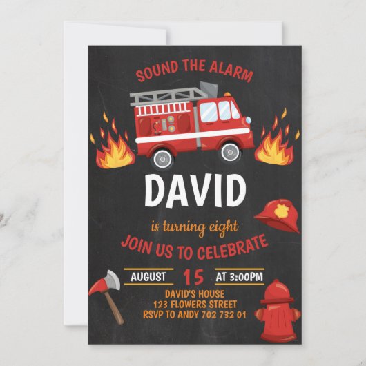 ファイアーマンボーイシャルボードファイアートラック誕生日 招待状 (正面)