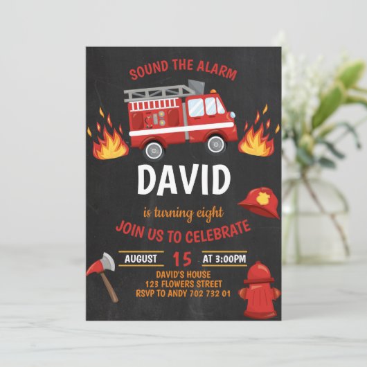 ファイアーマンボーイシャルボードファイアートラック誕生日 招待状 (スタンド正面)