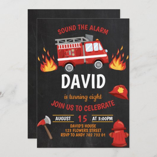 ファイアーマンボーイシャルボードファイアートラック誕生日 招待状 (正面/裏面)