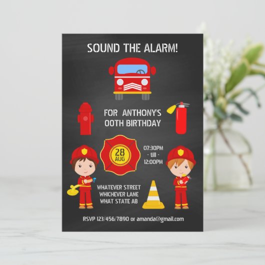 ファイアーマン誕生日シャルボード追加の写真の招待 招待状 (スタンド正面)