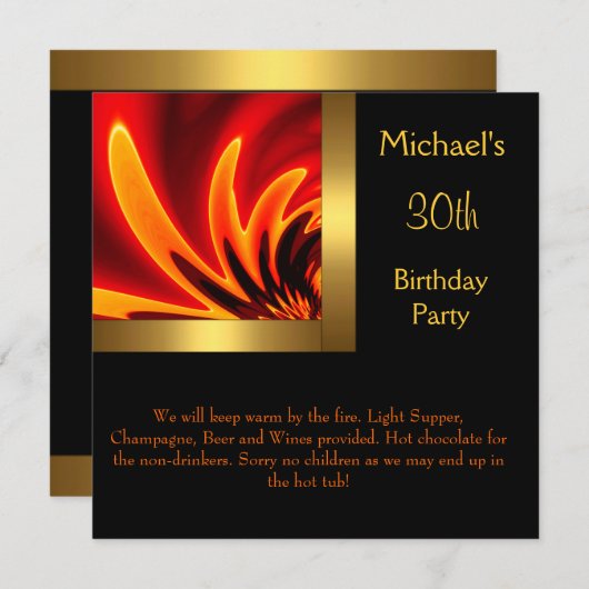 ファイア金ゴールドブラック30歳の誕生日パーティー 招待状 (正面/裏面)