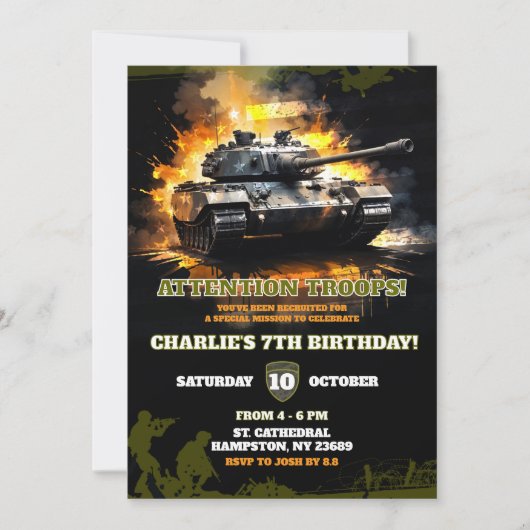 ファイターソルジャータンクカモフラージュ誕生日ボーイ 招待状 (正面)