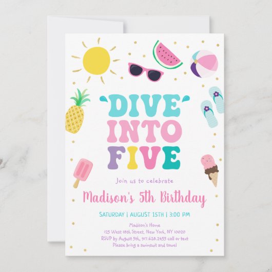 ファイブガールプールパーティー5誕生日に飛び込む 招待状 (正面)