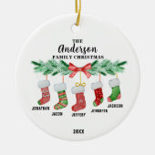 ファイブクリスマスストッキングパーソナライズされた セラミックオーナメント (正面)
