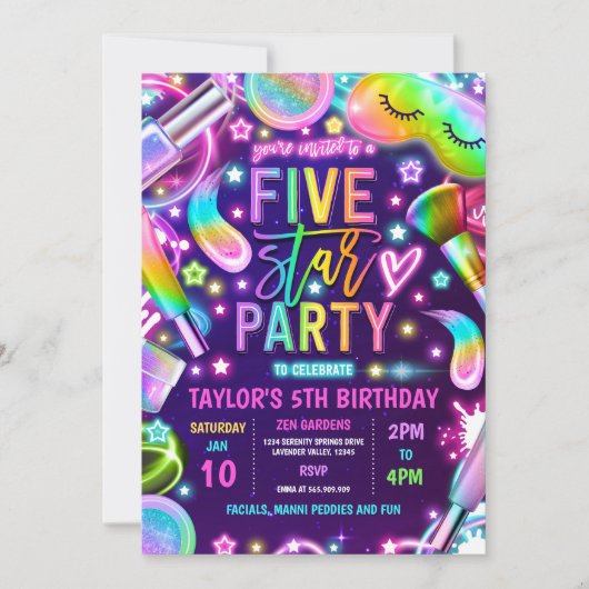 ファイブスターパーティーネオングロースパメイクアップ5th誕生日 招待状 (正面)
