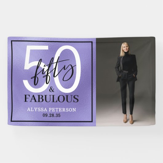 ファイブティアンドファビラス 紫色の筆記体 50歳の誕生日フォト 横断幕 (横)
