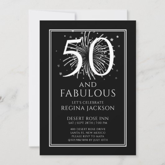 ファイブティー・アンド・ファビュラス 黒白 50歳の誕生日パーティー 招待状 (正面)