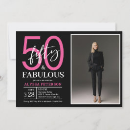 ファイブティ・アンド・ファビュラス ブラック スクリプト 50歳の誕生日 写真入り 招待状