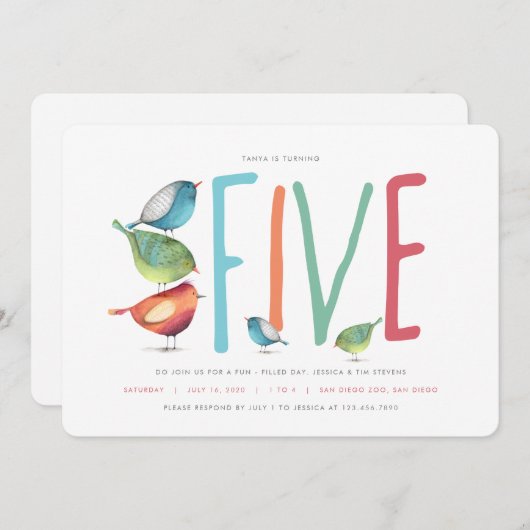 ファイブバーディー5歳の誕生日パーティーの招待状 招待状 (正面/裏面)
