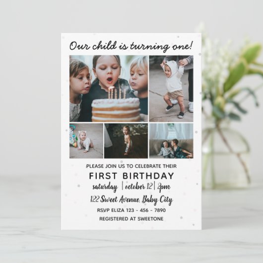 ファイブフォトコラージュチャイルド初誕生日 招待状 (スタンド正面)