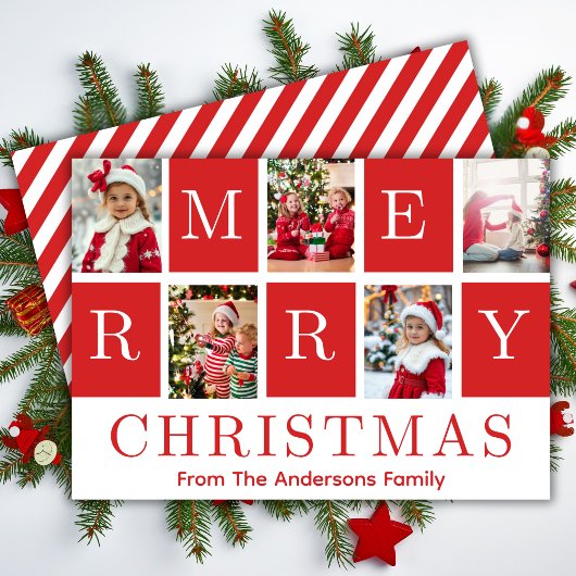ファイブフォトコラージュ赤と白のメリークリスマス シーズンカード