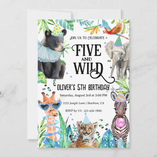 ファイブ・アンド・ワイルドヒョウ・サファリ動物5誕生日 招待状 (正面)