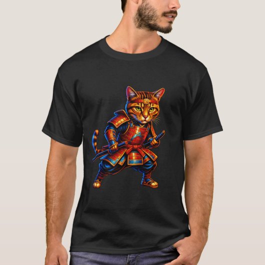 ファイヤーサムライキャットTシャツ – 赤と金の猫戦士 Tシャツ (正面)