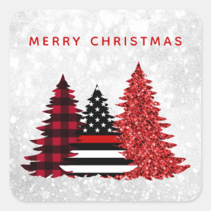 ファイヤーファイタークリスマスツリーレッドラインプレイドグリッター  スクエアシール
