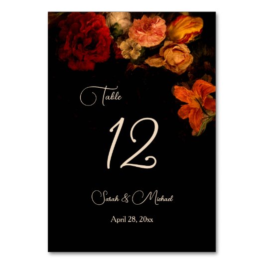 ファインアートの暗いムーディーなフラワーブライダル テーブルナンバー (正面)