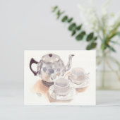 ファインアートはがき – ティーセット、水色 ポストカード (スタンド正面)