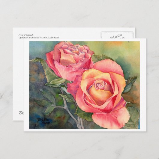 ファインアートはがき – "赤いバラ"、水色 ポストカード (正面/裏面)