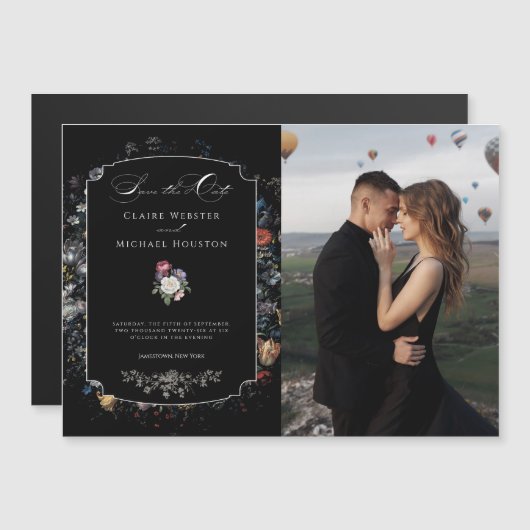 ファインアートブラックフローラ書記日付の保存 マグネット招待状 (正面/裏面)