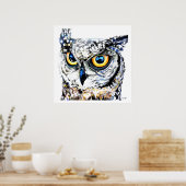 ファインアートプリント素晴らし：角フクロウイラストレーション ポスター (キッチン)