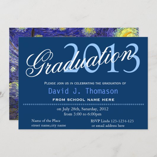 ファインアート，星空の夜，クラシック，卒業スタイリッシュ 招待状 (正面/裏面)